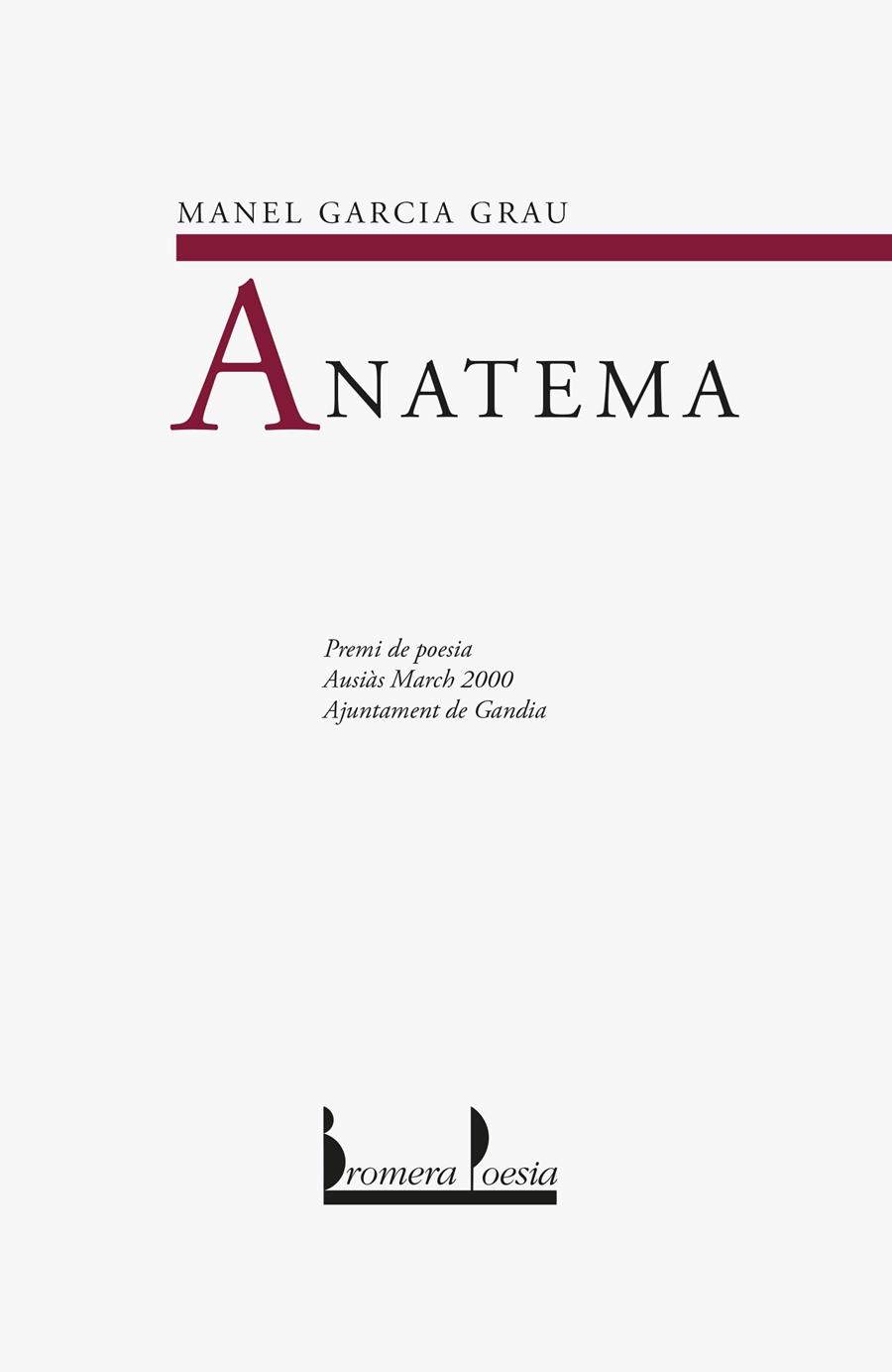 ANATEMA | 9788476606094 | GARCIA GRAU, MANEL | Galatea Llibres | Llibreria online de Reus, Tarragona | Comprar llibres en català i castellà online