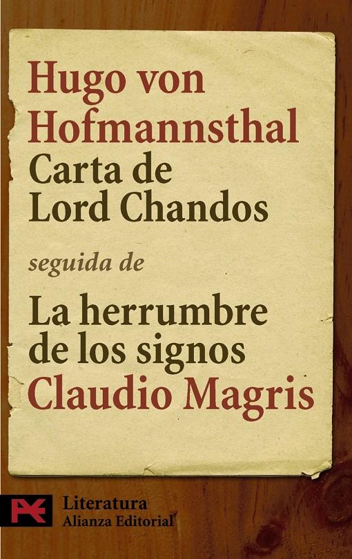 CARTA DE LORD CHANDOS : SEGUIDA DE "LA HERRUMBRE DE LOS SIGN | 9788420662183 | HOFMANNSTHAL, HUGO VON (1874-1929) | Galatea Llibres | Llibreria online de Reus, Tarragona | Comprar llibres en català i castellà online