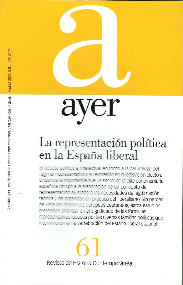 AYER 61: REPRESENTACION POLITICA EN LA ESPAÑA LIBERAL | 9788496467279 | SIERRA, MARÍA/PEÑA, M ANTONIA | Galatea Llibres | Llibreria online de Reus, Tarragona | Comprar llibres en català i castellà online